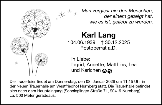 Traueranzeige von Karl Lang von Gesamtausgabe Nürnberger Nachrichten/ Nürnberger Ztg.