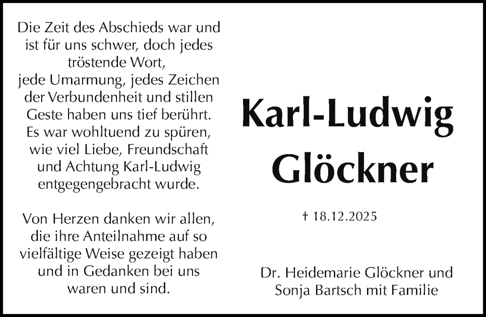  Traueranzeige für Karl-Ludwig Glöckner vom 17.01.2026 aus Fürther Nachrichten Lokal
