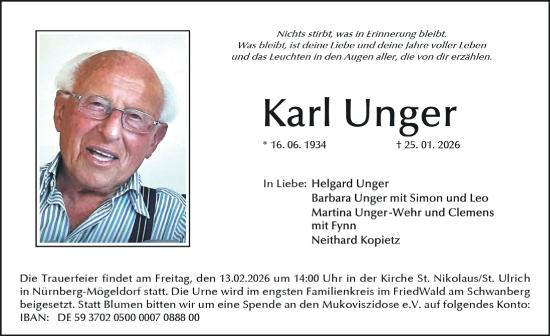 Traueranzeige von Karl Unger von Gesamtausgabe Nürnberger Nachrichten/ Nürnberger Ztg.