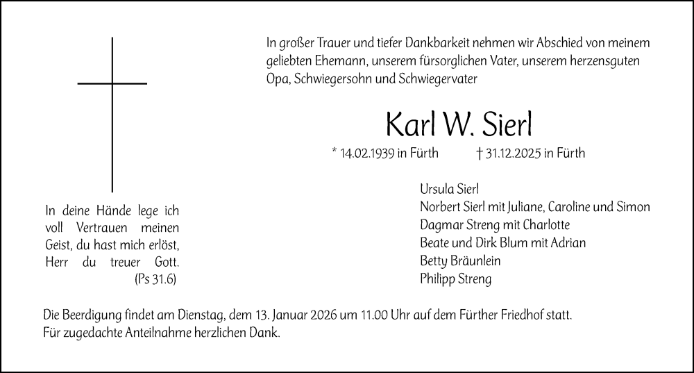  Traueranzeige für Karl W. Sierl vom 05.01.2026 aus Gesamtausgabe Nürnberger Nachrichten/ Nürnberger Ztg.