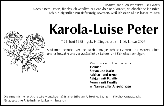 Traueranzeige von Karola-Luise Peter von Fürther Nachrichten Lokal