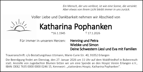 Traueranzeige von Katharina Pophanken von Erlanger Nachrichten Lokal