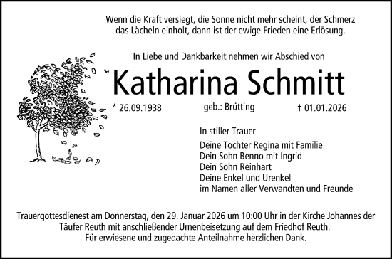 Traueranzeige von Katharina Schmitt von Nordbayerische Nachrichten Forchheim Lokal