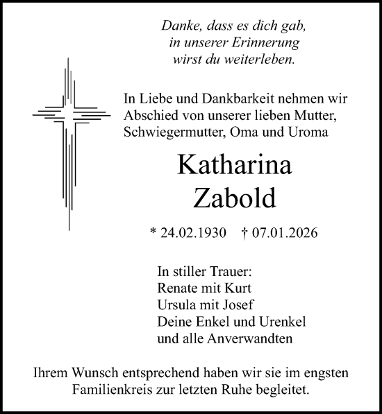Traueranzeige von Katharina Zabold von Altmühl-Bote Lokal