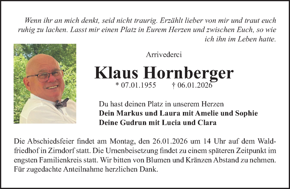  Traueranzeige für Klaus Hornberger vom 17.01.2026 aus Gesamtausgabe Nürnberger Nachrichten/ Nürnberger Ztg.