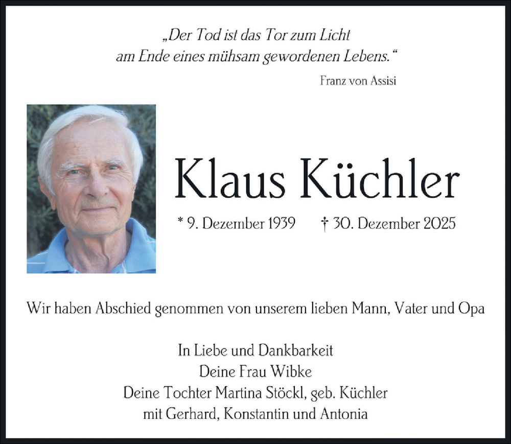  Traueranzeige für Klaus Küchler vom 17.01.2026 aus Nordbayerische Nachrichten Forchheim Lokal