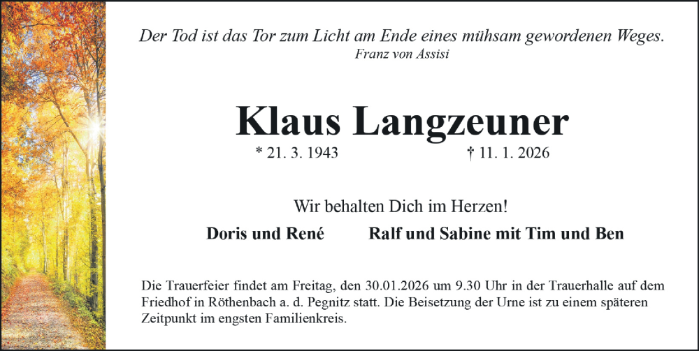  Traueranzeige für Klaus Langzeuner vom 24.01.2026 aus Gesamtausgabe Nürnberger Nachrichten/ Nürnberger Ztg.