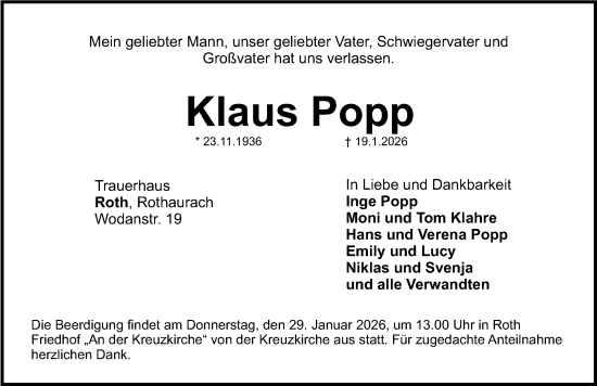 Traueranzeige von Klaus Popp von Roth-Hilpoltsteiner Volkszeitung Lokal