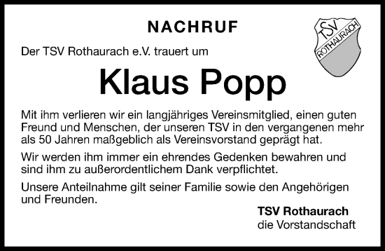 Traueranzeige von Klaus Popp von Roth-Hilpoltsteiner Volkszeitung Lokal
