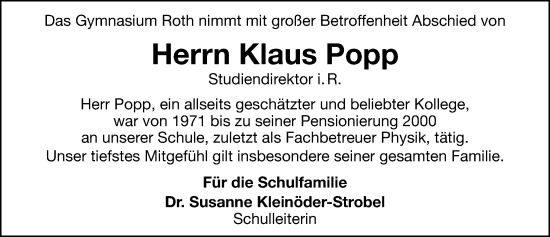Traueranzeige von Klaus Popp von Roth-Hilpoltsteiner Volkszeitung Lokal