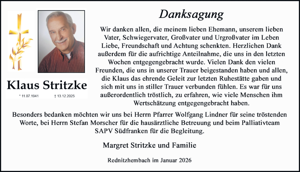  Traueranzeige für Klaus Stritzke vom 03.01.2026 aus Roth-Hilpoltsteiner Volkszeitung/ Schwabach