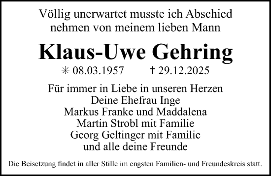 Traueranzeige von Klaus-Uwe Gehring von Erlanger Nachrichten Lokal