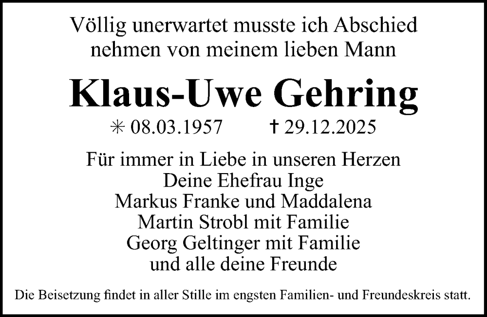  Traueranzeige für Klaus-Uwe Gehring vom 10.01.2026 aus Erlanger Nachrichten Lokal