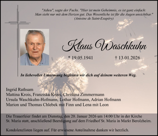 Traueranzeige von Klaus Waschkuhn von Altmühl-Bote Lokal