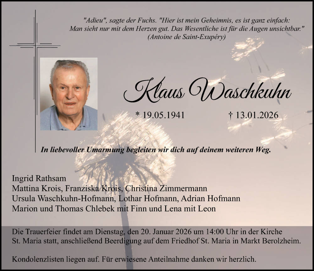  Traueranzeige für Klaus Waschkuhn vom 17.01.2026 aus Altmühl-Bote Lokal