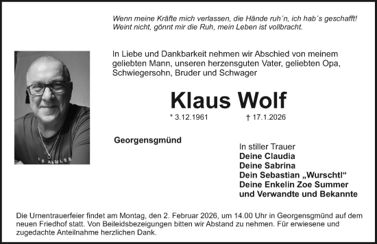Traueranzeige von Klaus Wolf von Roth-Hilpoltsteiner Volkszeitung Lokal