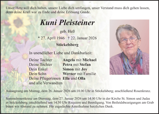 Traueranzeige von Kuni Pleisteiner von Neumarkter Nachrichten Lokal