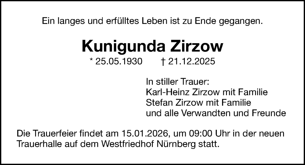  Traueranzeige für Kunigunda Zirzow vom 10.01.2026 aus Gesamtausgabe Nürnberger Nachrichten/ Nürnberger Ztg.