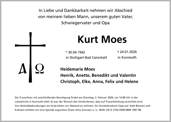 Traueranzeige von Kurt Moes von Nordbayerische Nachrichten Forchheim Lokal