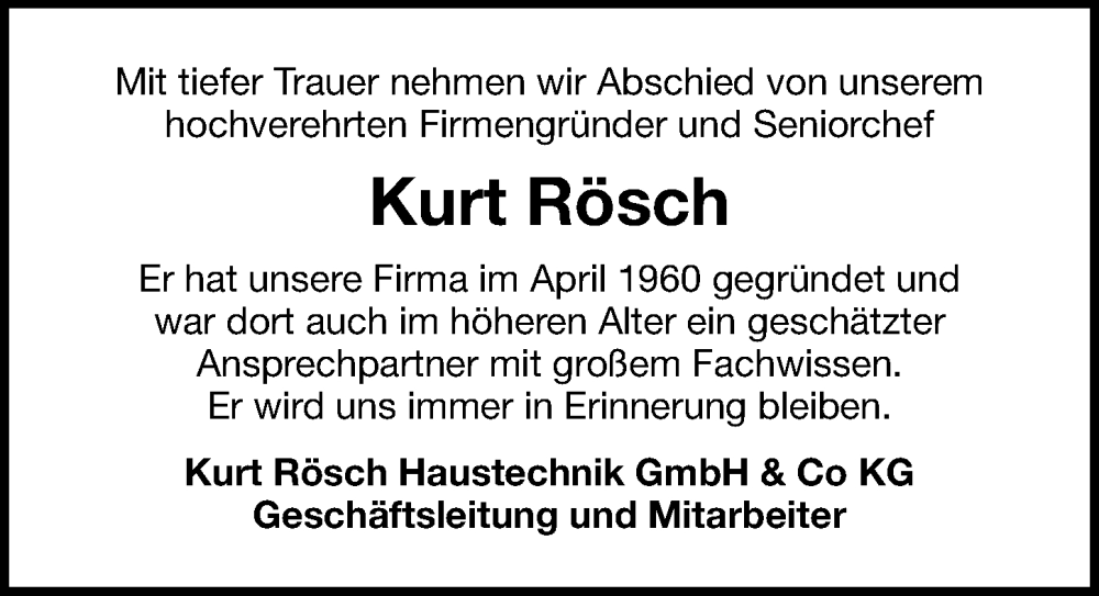  Traueranzeige für Kurt Rösch vom 17.01.2026 aus Gesamtausgabe Nürnberger Nachrichten/ Nürnberger Ztg.