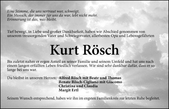 Traueranzeige von Kurt Rösch von Gesamtausgabe Nürnberger Nachrichten/ Nürnberger Ztg.