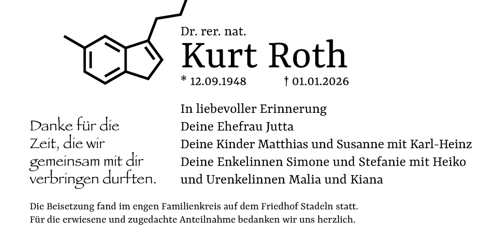  Traueranzeige für Kurt Roth vom 17.01.2026 aus Fürther Nachrichten Lokal