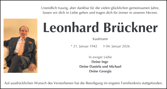 Traueranzeige von Leonhard Brückner von Gesamtausgabe Nürnberger Nachrichten/ Nürnberger Ztg.
