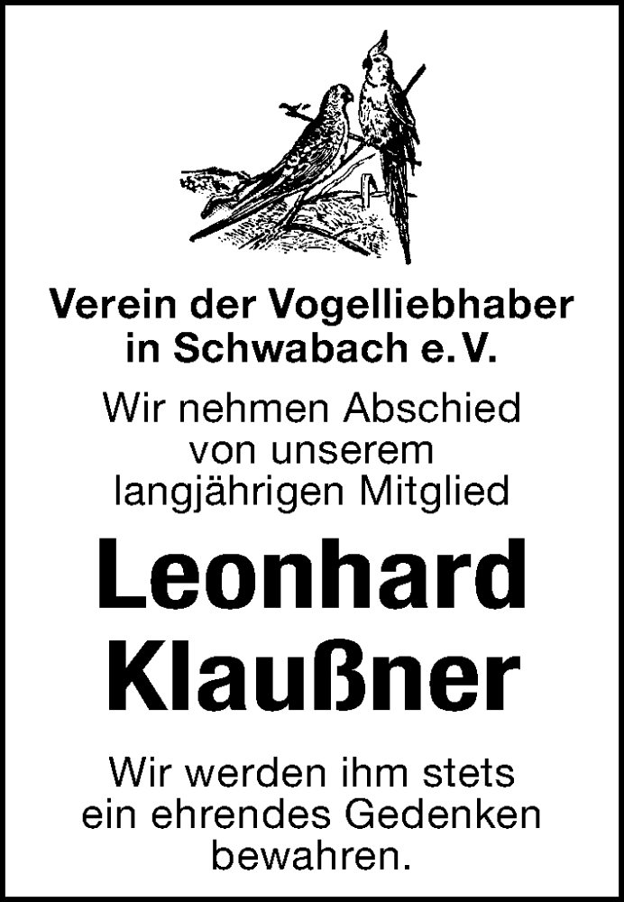  Traueranzeige für Leonhard Klaußner vom 07.01.2026 aus Schwabacher Tagblatt Lokal