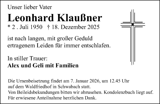 Traueranzeige von Leonhard Klaußner von Schwabacher Tagblatt Lokal