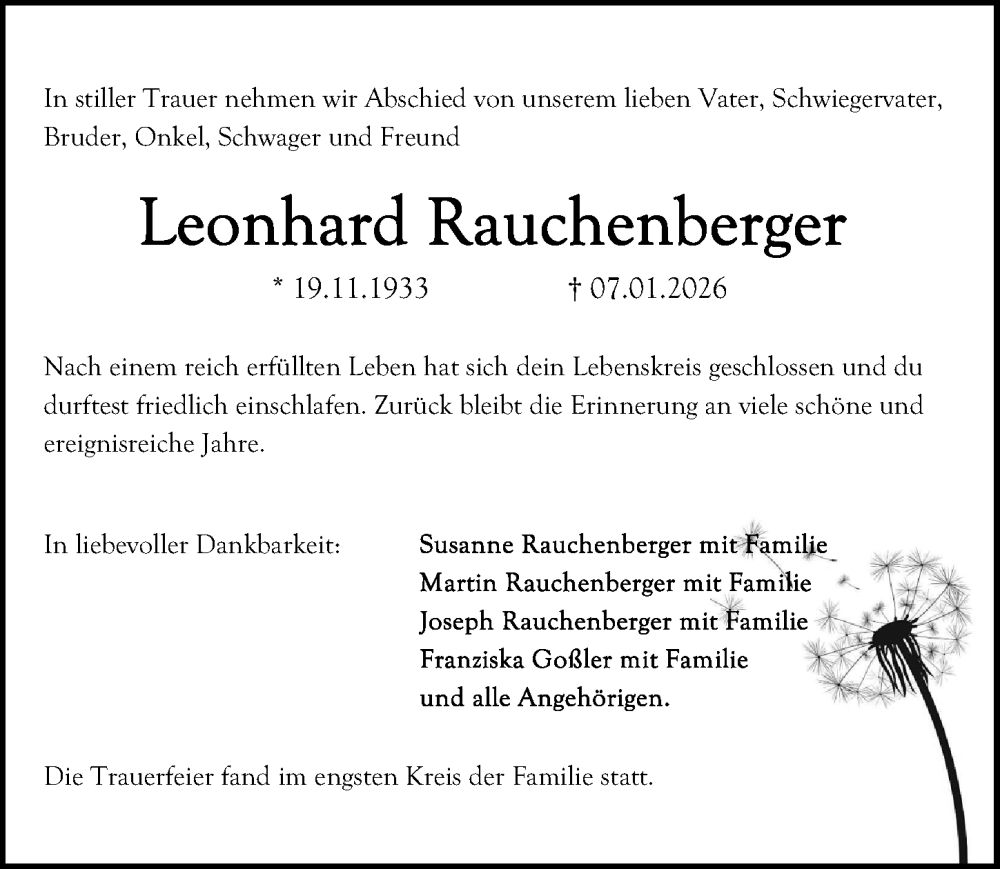  Traueranzeige für Leonhard Rauchenberger vom 17.01.2026 aus Gesamtausgabe Nürnberger Nachrichten/ Nürnberger Ztg.