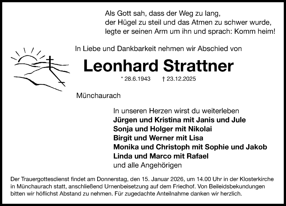  Traueranzeige für Leonhard Strattner vom 09.01.2026 aus Nordbayerische Nachrichten Herzogenaurach Lokal