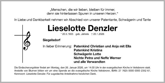Traueranzeige von Lieselotte Denzler von Fürther Nachrichten Lokal