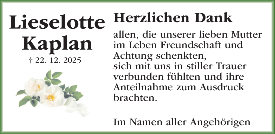 Traueranzeige von Lieselotte Kaplan von Roth-Hilpoltsteiner Volkszeitung Lokal