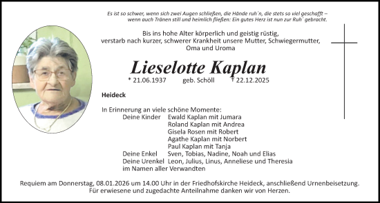 Traueranzeige von Lieselotte Kaplan von Roth-Hilpoltsteiner Volkszeitung Lokal