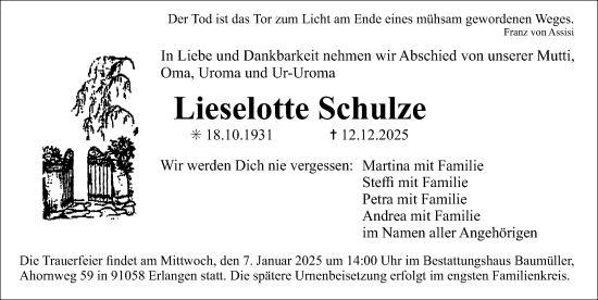 Traueranzeige von Lieselotte Schulze von Erlanger Nachrichten Lokal