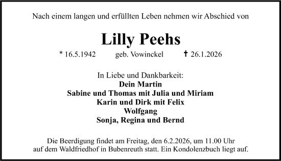 Traueranzeige von Lilly Peehs von Erlanger Nachrichten Lokal