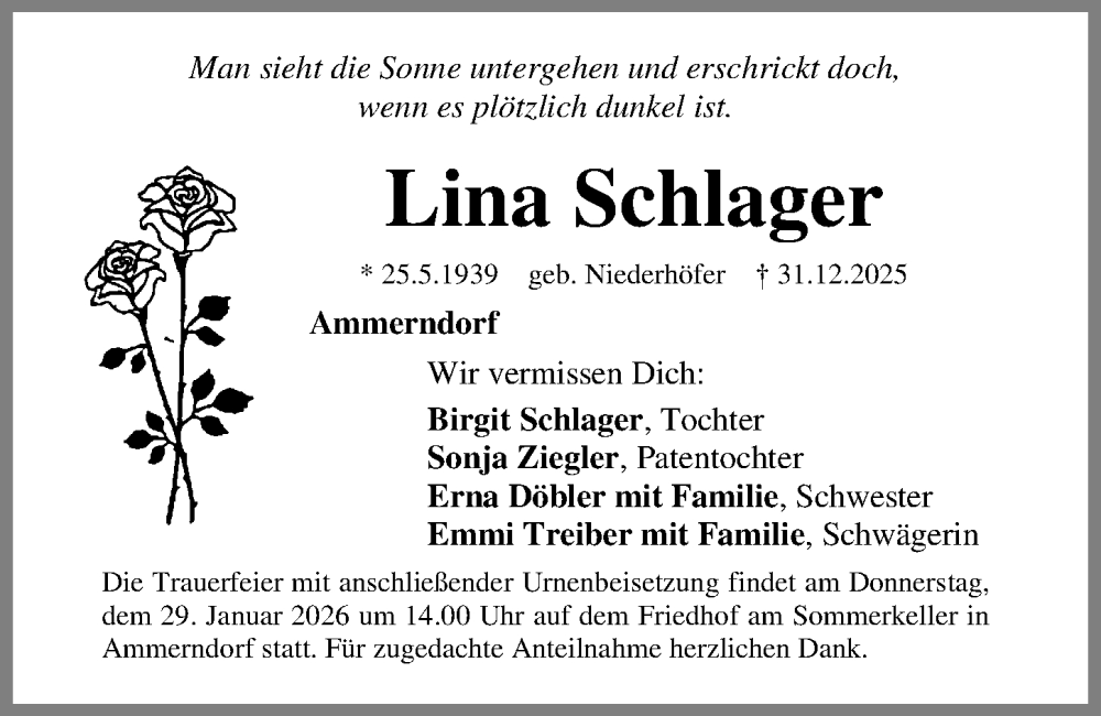  Traueranzeige für Lina Schlager vom 24.01.2026 aus Fürther Nachrichten Lokal