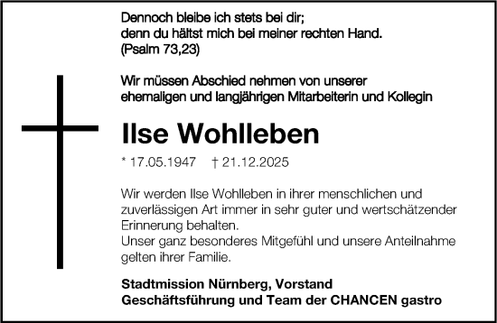 Traueranzeige von Ilse Wohlleben von Gesamtausgabe Nürnberger Nachrichten/ Nürnberger Ztg.
