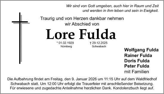 Traueranzeige von Lore Fulda von Schwabacher Tagblatt Lokal