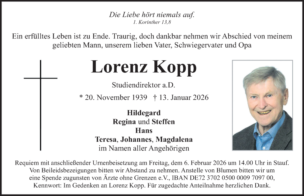 Traueranzeige für Lorenz Kopp vom 31.01.2026 aus Neumarkter Nachrichten Lokal