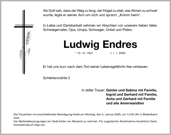 Traueranzeige von Ludwig Endres von Nordbayerische Nachrichten Forchheim Lokal