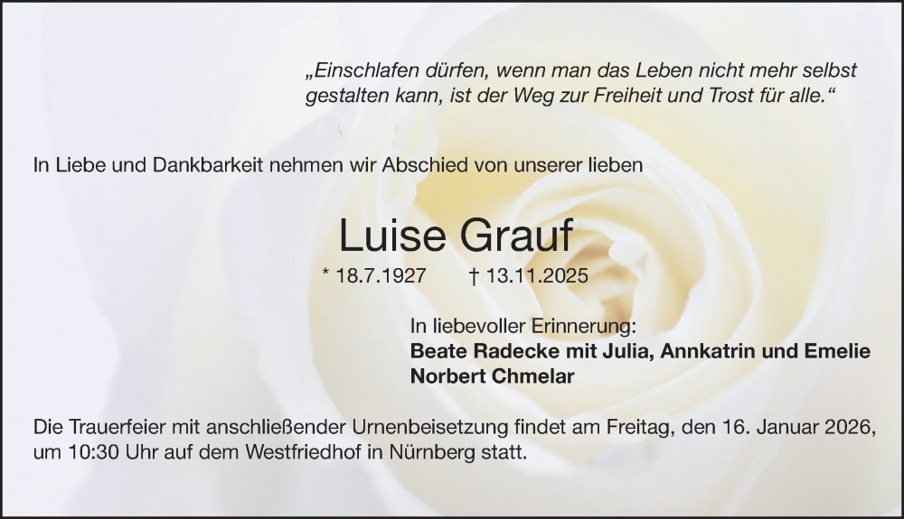  Traueranzeige für Luise Grauf vom 13.01.2026 aus Gesamtausgabe Nürnberger Nachrichten/ Nürnberger Ztg.