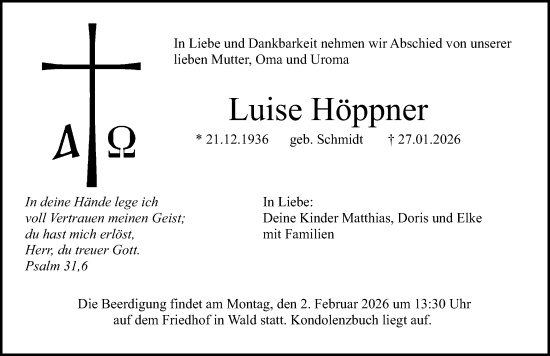 Traueranzeige von Luise Höppner von Altmühl-Bote Lokal