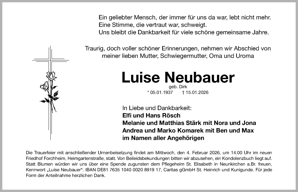  Traueranzeige für Luise Neubauer vom 31.01.2026 aus Nordbayerische Nachrichten Forchheim Lokal
