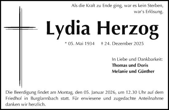 Traueranzeige von Lydia Herzog von Gesamtausgabe Nürnberger Nachrichten/ Nürnberger Ztg./ Fürther Nachrichten