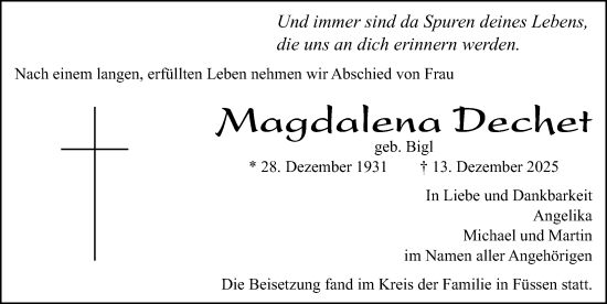Traueranzeige von Magdalena Dechet von Roth-Hilpoltsteiner Volkszeitung Lokal