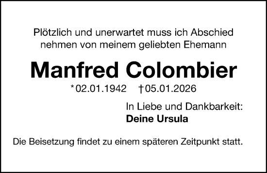 Traueranzeige von Manfred Colombier von Gesamtausgabe Nürnberger Nachrichten/ Nürnberger Ztg.