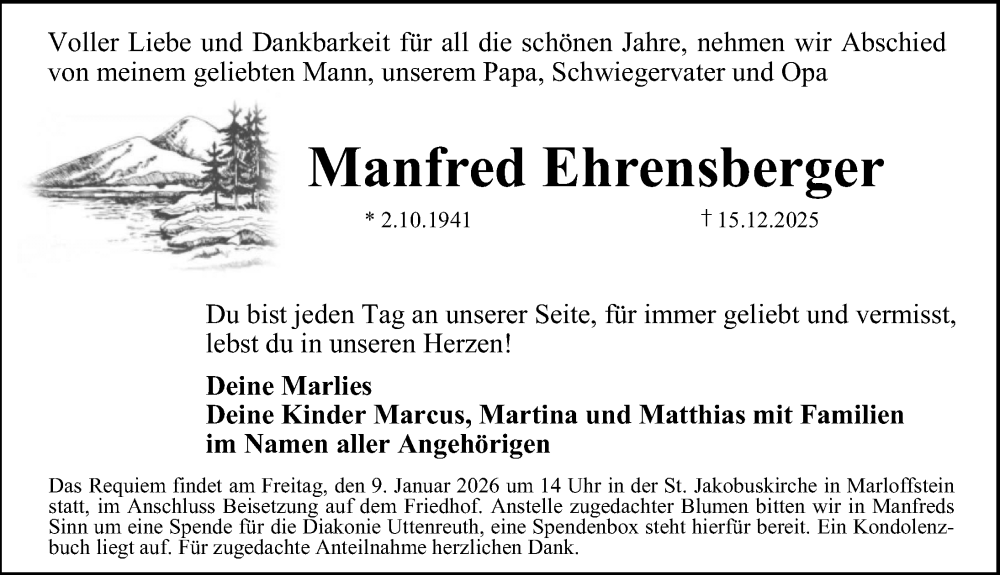  Traueranzeige für Manfred Ehrensberger vom 03.01.2026 aus Erlanger Nachrichten Lokal