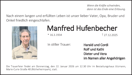 Traueranzeige von Manfred Hufenbecher von Erlanger Nachrichten Lokal