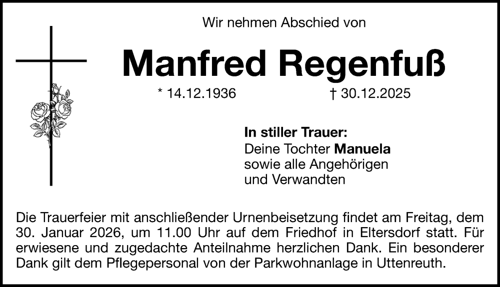  Traueranzeige für Manfred Regenfuß vom 24.01.2026 aus Erlanger Nachrichten Lokal